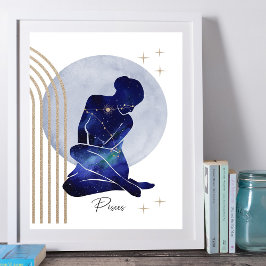 Pisces Feminine Blue Guld Zodiac Design Poster