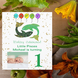 Pisces First Birthday Guld, Balloons & Photo Inbjudningar