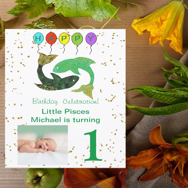 Pisces First Birthday Guld, Balloons & Photo Inbjudningar (Skapare uppladdad)