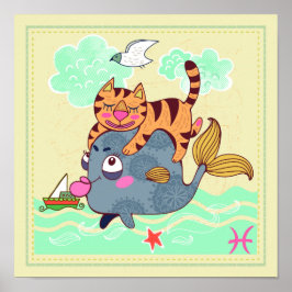 Pisces Fish Cat Zodiac Nursery Skriv ut Poster