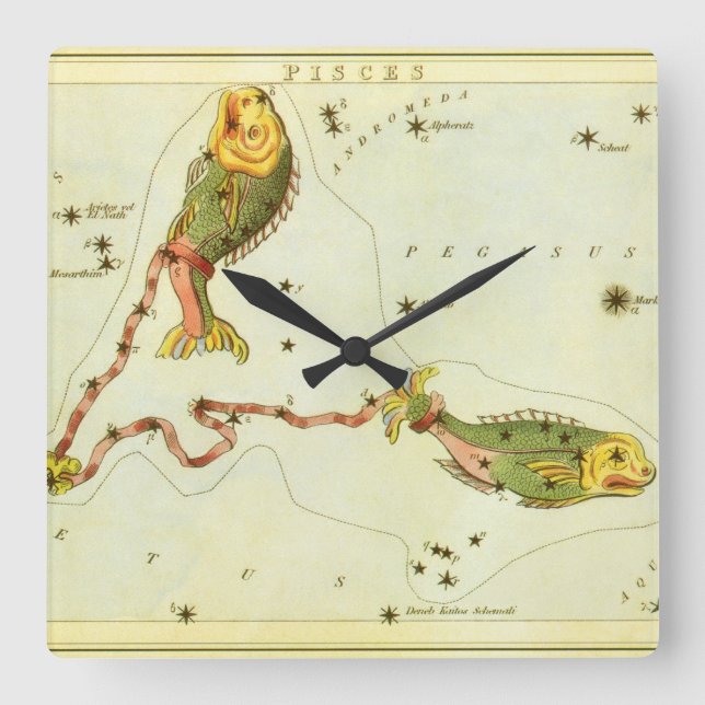Pisces Fish, Vintage Constellation Uranias Spegel Fyrkantig Klocka (Framsida)