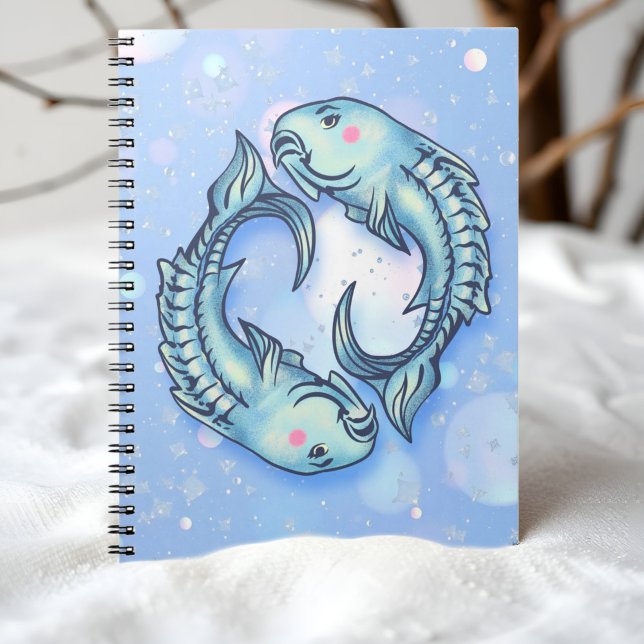 Pisces Fisk Drömmig Flickaktig Havsgrön Blå Anteckningsbok (Whimsical Pisces fish notebook with dreamy sea colors, blush cheeks, and sparkling bubbles.)