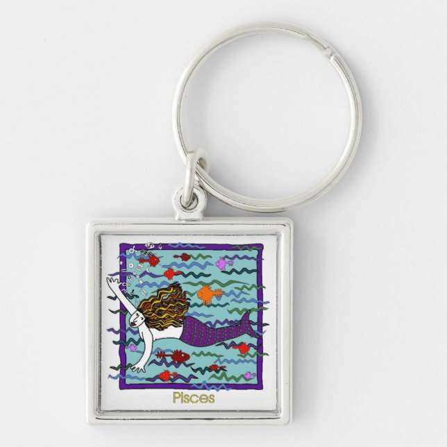 Pisces Fyrkantig Silverfärgad Nyckelring (Framsidan)