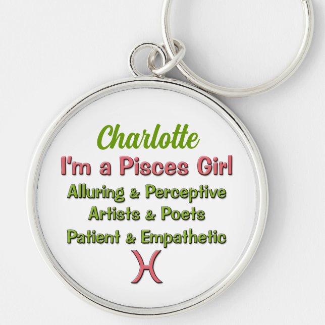 Pisces Girl Zodiac i Rosa med Grönt Rund Silverfärgad Nyckelring (Framsidan)