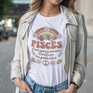 Pisces Groovy Retro Blommigt Rainbow T Shirt