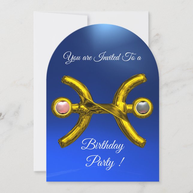 PISCES Guld Aqua Blue Zodiac Födelsedagsfest Inbjudningar (Framsida)