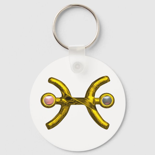 PISCES Guld Zodiac Birthday Sign,White Rosa Pearls Nyckelring (Framsida)