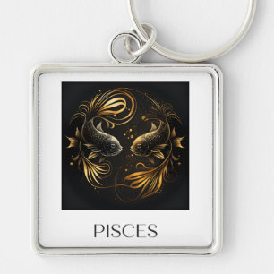 Pisces Keychain Black och Guld Zodiac Sign Gift Fyrkantig Silverfärgad Nyckelring