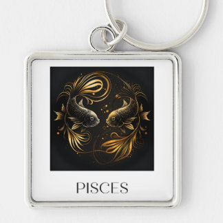 Pisces Keychain Black och Guld Zodiac Sign Gift Fyrkantig Silverfärgad Nyckelring