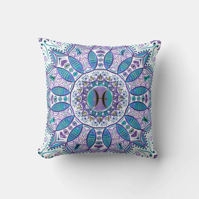 Pisces Mandala i turkos och lilor Kudde (Framsida)