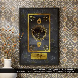 Pisces Mörk Zodiac Astrology: Black Guld Namn Poster
