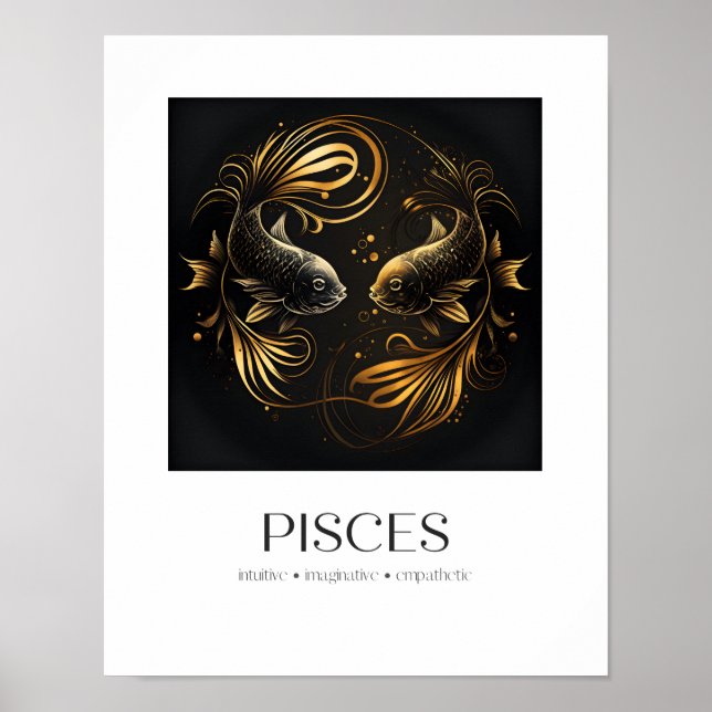 Pisces Poster Zodiac Gift med Black & Guld Elegant (Framsidan)