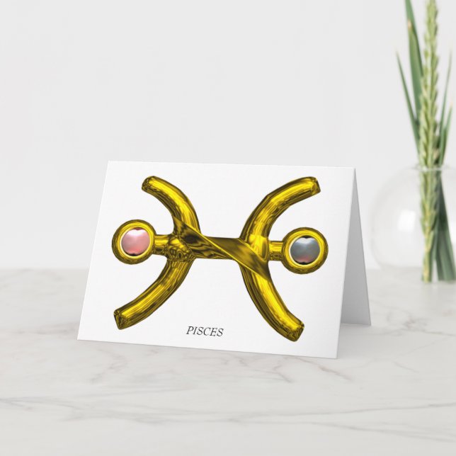 PISCES Rosa White Pearls & Guld Zodiac Birthday Kort (Framsida)