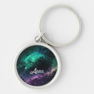 Pisces Starry Himlar Zodiac Keychain med eget namn Rund Silverfärgad Nyckelring
