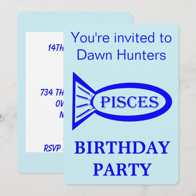 Pisces Stjärntecken Födelsedagsfest inbjudan (Fram/baksida)