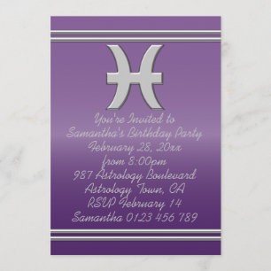 Pisces-symbol i Krom på Ametyst-Födelsedagsfest Inbjudningar