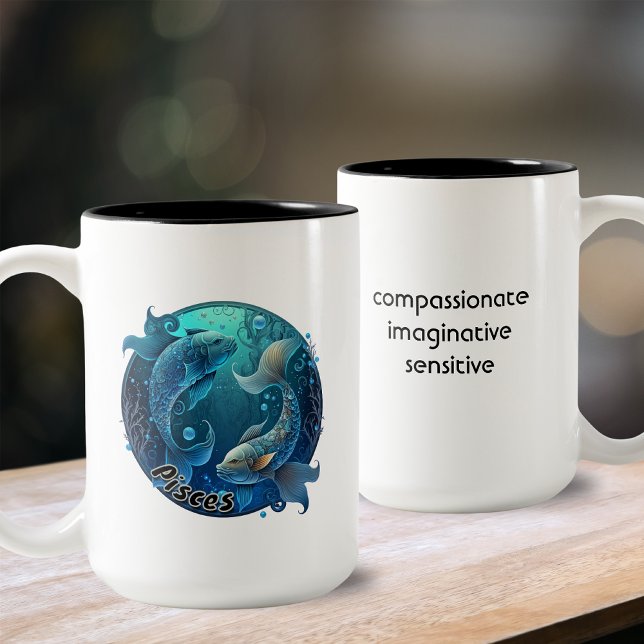 Pisces Teal and Black Watercolor Zodiac Två-Tonad Mugg (Skapare uppladdad)