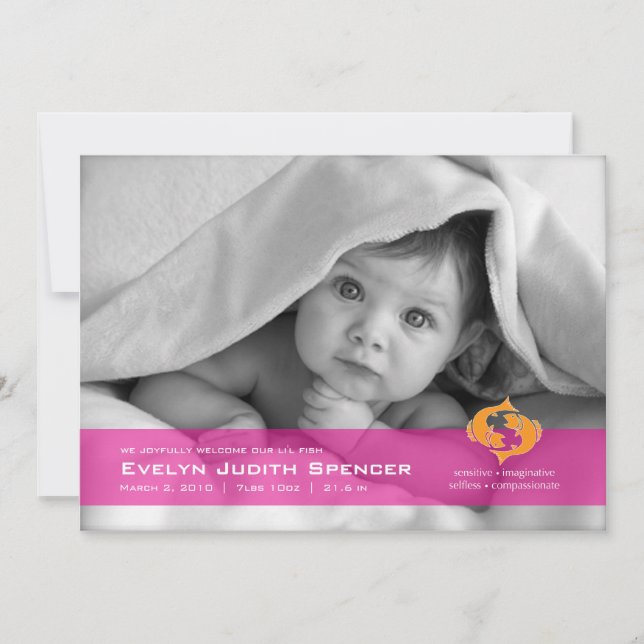 Pisces the Fish Photo Birth Notice Meddelande (Framsida)