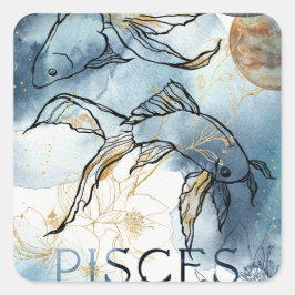 Pisces twin fish zodiac Black guld-blommor Fyrkantigt Klistermärke