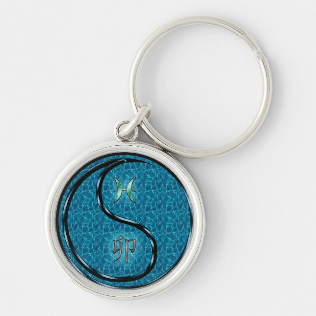 Pisces & Vatten Rabbit Rund Silverfärgad Nyckelring (Framsidan)