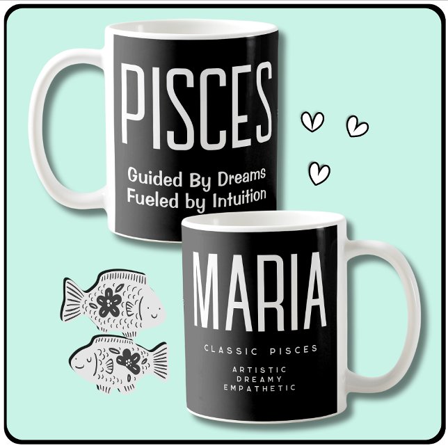 Pisces Vatten Sign Astrology Gift Kaffemugg (Pisces Star Sign Zodiac Gift with Personalized Name, Pisces Quote, Traits, Symbol & Birth Dates.)