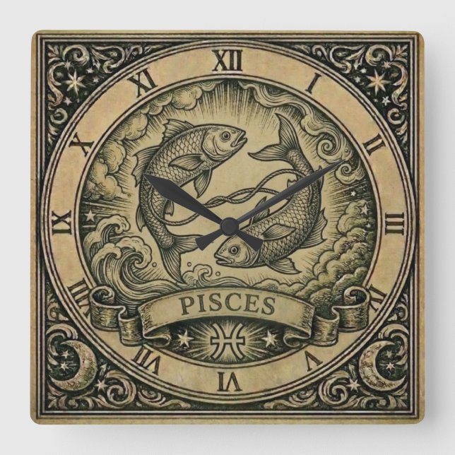 Pisces Vintage Zodiak Väggur (Framsida)
