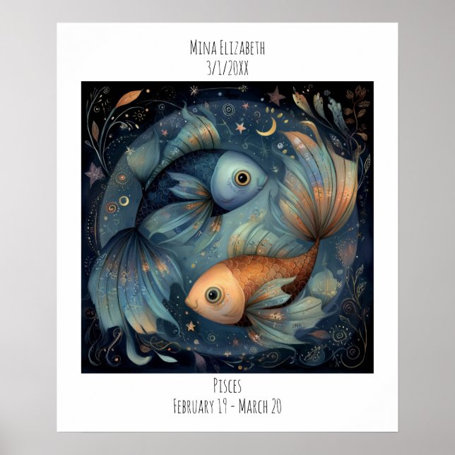 Pisces Zodiac Astrology Name & Birthday Poster (Framsidan)