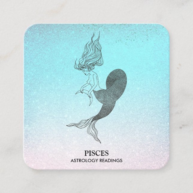 *~* PISCES Zodiac Astrology Reading Aqua Glitter Fyrkantigt Visitkort (Framsida)