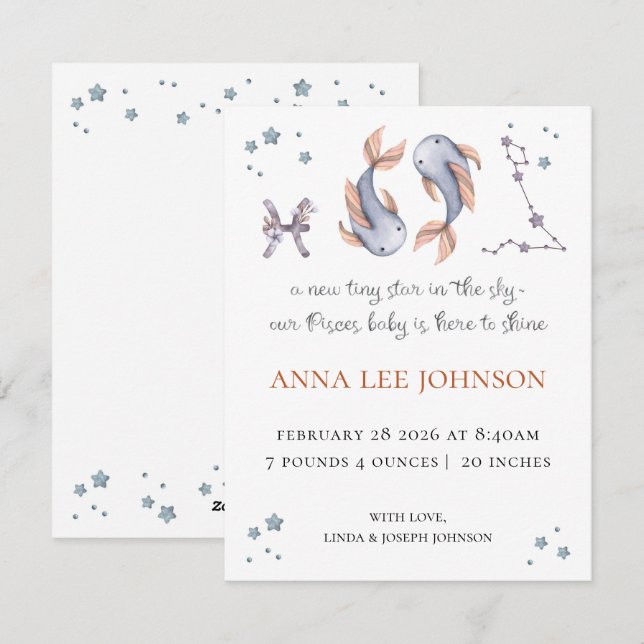 Pisces Zodiac Birth Announcement Julkort (Fram/baksida)