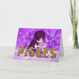 Pisces Zodiac Birthday Card with cutie paj amethys Kort