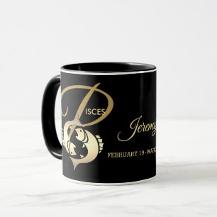 Pisces ♓ Zodiac Birthday Sign / Black and Guld Mugg