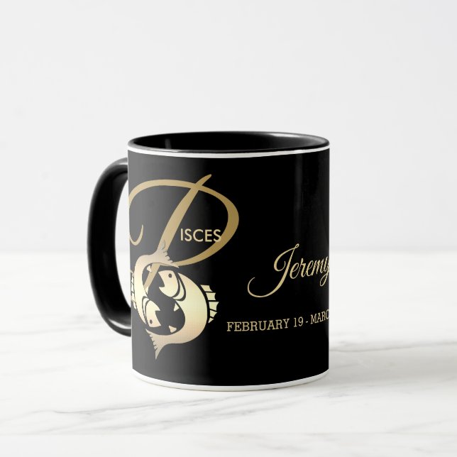 Pisces ♓ Zodiac Birthday Sign / Black and Guld Mugg (Framsida vänster)