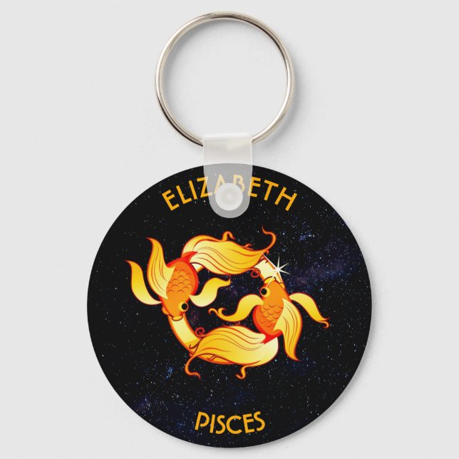 Pisces Zodiac Birthday-tecken med ditt eget namn Nyckelring (Framsida)
