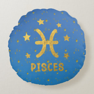 Pisces Zodiac Blue och Guld Round Pillow Rund Kudde