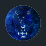 Pisces Zodiac Constellation Blue Galaxy Monogram Knapp<br><div class="desc">Pisces Zodiac Constellation Blue Galaxy Monogram Design. Med trendiget Brygdelat skriptteckensnitt, Mörk blått vattenfärgsbakgrund struktur, Glowing star konstellation och Tona Fish-symbolen. Modern Astrological Sign Birth Horoscope, är perfekt för alla Aquarian Birthday från den 19 februari - 20 mars! Med Monogrammed första Mitten och efternamn (eller lämna det tomt) som tillval....</div>