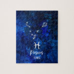 Pisces Zodiac Constellation Blue Galaxy Monogram Pussel<br><div class="desc">Pisces Zodiac Constellation Blue Galaxy Monogram Design. Med trendiget Brygdelat skriptteckensnitt, Mörk blått vattenfärgsbakgrund struktur, Glowing star konstellation och Tona Fish-symbolen. Modern Astrological Sign Birth Horoscope, är perfekt för alla Aquarian Birthday från den 19 februari - 20 mars! Med Monogrammed första Mitten och efternamn (eller lämna det tomt) som tillval....</div>