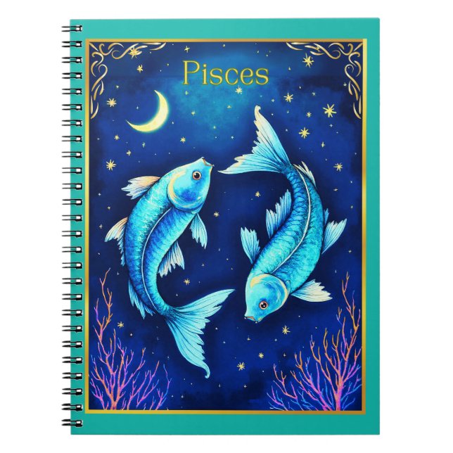 Pisces Zodiac Fish Swimming in Cosmic Waters Anteckningsbok (Framsidan)