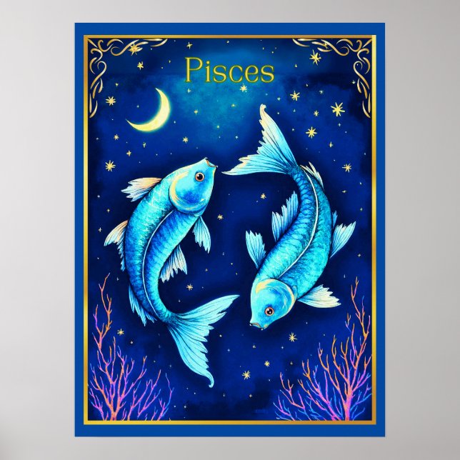 Pisces Zodiac Fish Swimming in Cosmic Waters Poster (Framsidan)