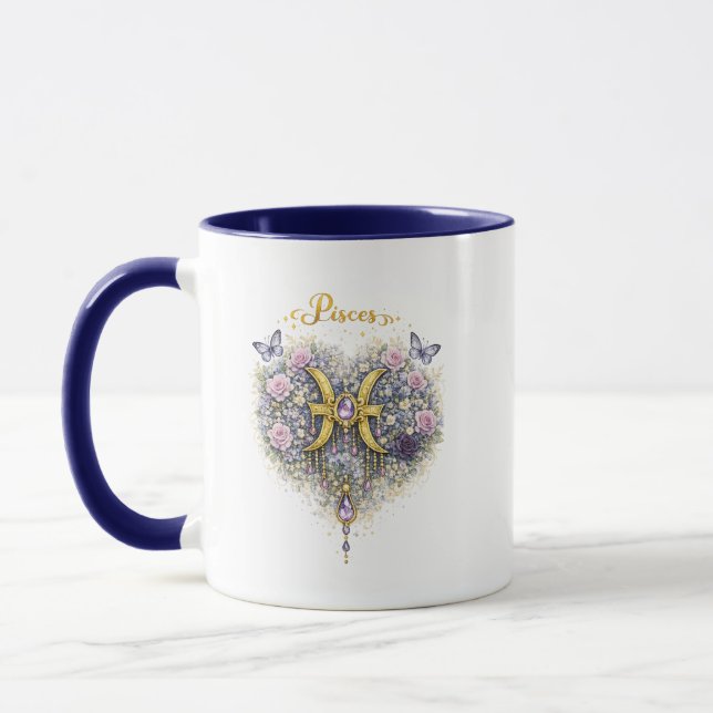 Pisces Zodiac Floral Heart Mug – Elegant Astrology Mugg (Vänster)