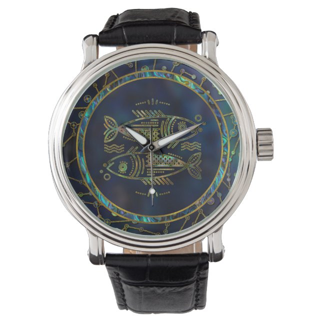 Pisces Zodiac Guld Abalone on Constellation Armbandsur (Framsida)