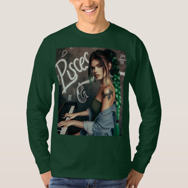 Pisces Zodiac Musician Piano T Shirt (Framsida)