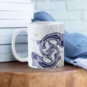 Pisces Zodiac Navy Blue & Guld Birth Mugg
