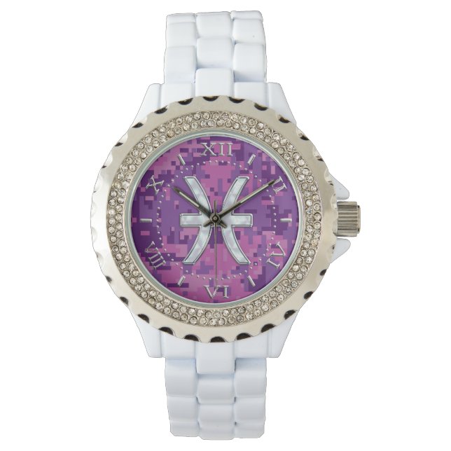 Pisces Zodiac på Fuchsia Rosa Camouflage Dial Armbandsur (Framsida)