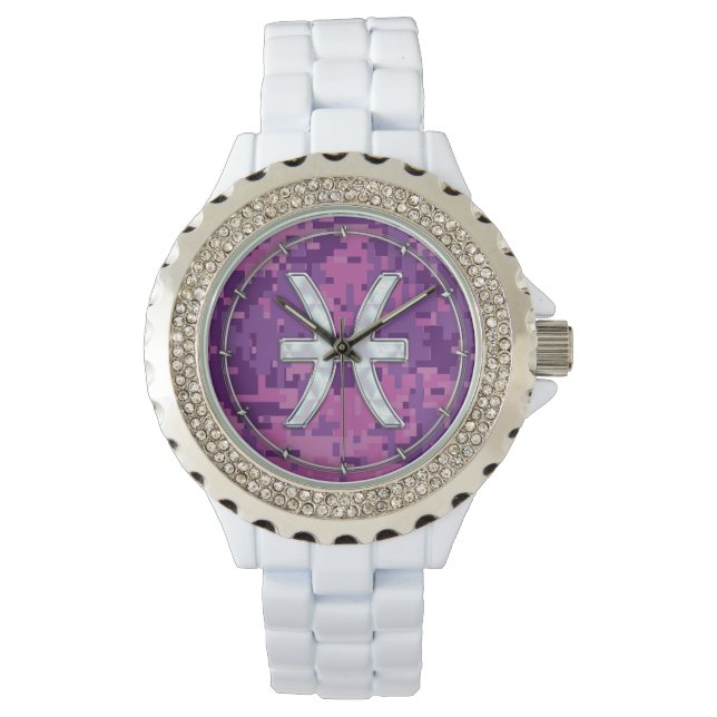 Pisces Zodiac på Fuchsia Rosa Digital Camouflage Armbandsur (Framsida)