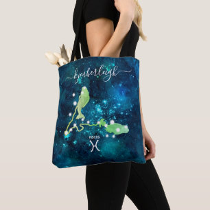 Pisces Zodiac Sign Cosmic Monogram Namn Teal Blue Tygkasse