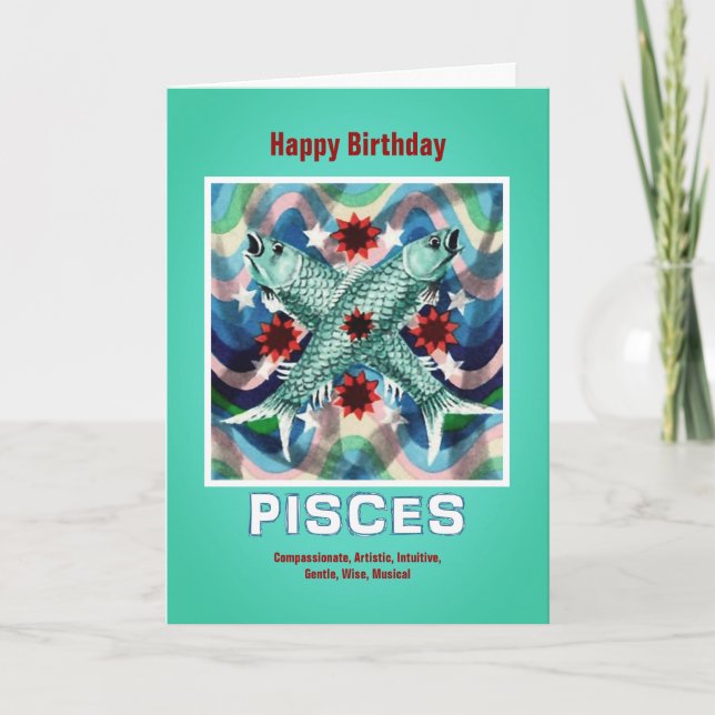 Pisces Zodiac Sign Grattis på födelsedagen Kort (Framsida)