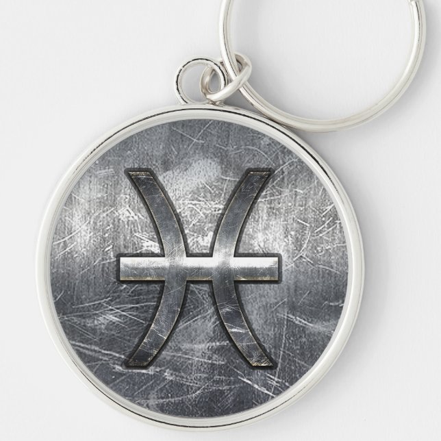 Pisces Zodiac Sign in grunge Steel stil decor Rund Silverfärgad Nyckelring (Framsidan)