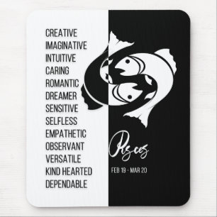 Pisces Zodiac Sign Mousepad, Black & White Musmatta