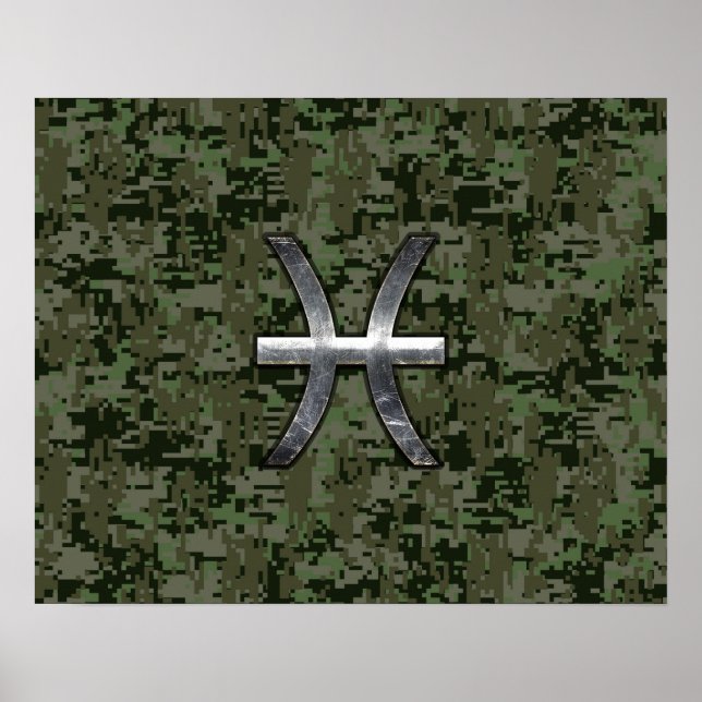 Pisces Zodiac Sign på Woodland Digital Camouflage Poster (Framsidan)