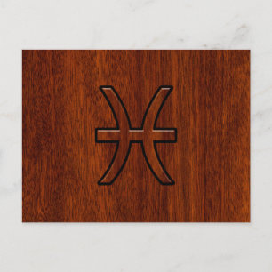 Pisces Zodiac Sign Rik Mahogany wood grain stil Vykort